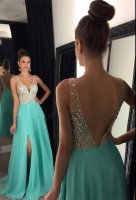 Sexy Deep V Neck Nude Top AB Rhinestone Bodice Ice Blue Split Skirt Prom Evening Dress