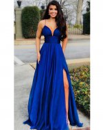 Graceful Spaghetti Straps Show Cleavage Plump Girl Royal Blue Prom Party Dress With Split Skirt
