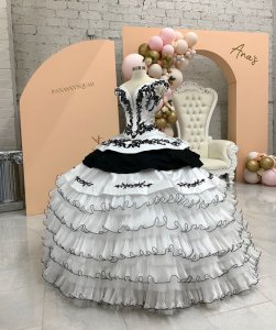 Off Shoulder White and Black Chrro Quinceanera Ball Gown Embroidery