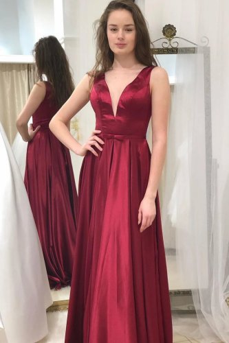 Amazing Deep V Neckline Floor Length Red Formal Prom Gown With Bow Sash