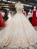 Off Shoulder Champagne 3D Flowers Cathedral Train Wedding Bridal Gowns Extravagant