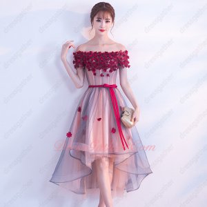 Wine Party Annual Dinner Fairy Graceful High Low Prom Dress Blush Lining With Red Sash