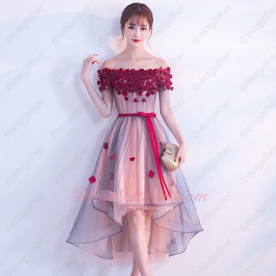 Wine Party Annual Dinner Fairy Graceful High Low Prom Dress Blush Lining With Red Sash