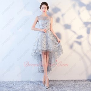 Romantic Silver High Low Striated Lace Young Girl Drinking Party Dress