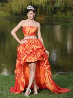 Irregular High-Low Hemline Orange Taffeta Bubble Cocktail Party Pageant Dress Train