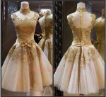 High Collar Champagne Tulle Gold Applique and Belt Short Prom Gowns Wholesale