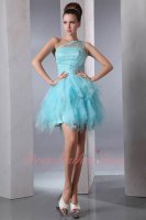One Shoulder Ice Blue/Aqua Princess Waterfall Layers Tulle Skirt Short Gowns Attire