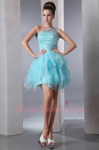 One Shoulder Ice Blue/Aqua Princess Waterfall Layers Tulle Skirt Short Gowns Attire