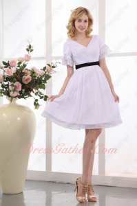 Short Sleeves Knee Length Prom Dress Pure White Chiffon Black Belt Free Shipping