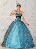 Pretty Black Dotted Wave Point Tulle Cover Prom Ball Gown Aqua Blue Lining