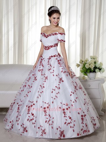 Off Shoulder Short Sleeves Wine Red Leaves Embroidery White Ball Gown Western