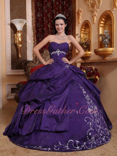 Silver Embroidery Blue Violet/Eggplant Taffeta Quince Ball Gown Very Puffy