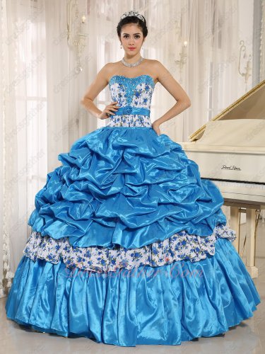 Azure Sky Blue Taffeta/Printed Floral Element Match Quinceanera Ball Gown