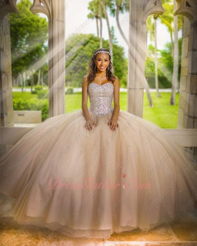 Colorful AB Crystals Bodice Champagne Tulle Puffy Ruched Ball Gown For Quince Event