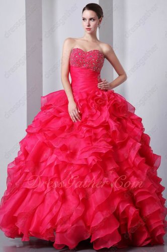 Deep Coral Red Sweetheart Ruffles Quinceanera Ball Gown Thick Organza Satin