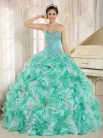 Thickest Apple Green/Off White Organza Ruffles Beading Basque Quince Celebrity Gown