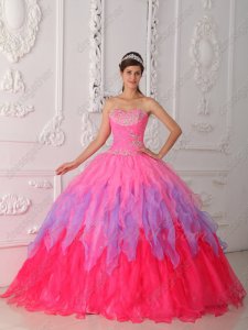 Gradient Hot Pink/Lavender/Coral Pink 3 Layers Cake Quinceanera Ball Gown Colorful