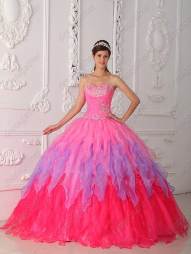 Gradient Hot Pink/Lavender/Coral Pink 3 Layers Cake Quinceanera Ball Gown Colorful