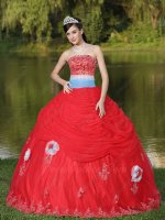 Common Used Basque Waist Quinceanera Dress Flat Red Tulle Skirt With 3D Flowers