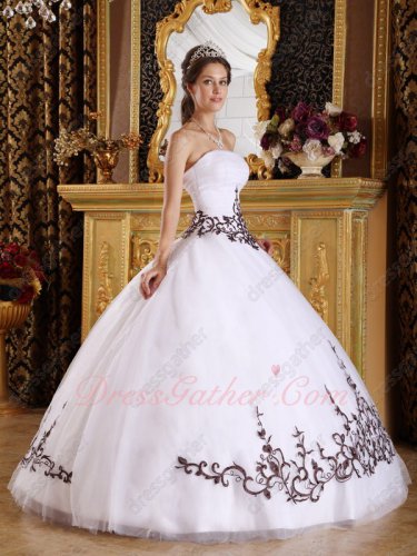 Pin-tucks Bodice Western Quinceanera Ball Gown White Tulle With Chocolate Embroidery
