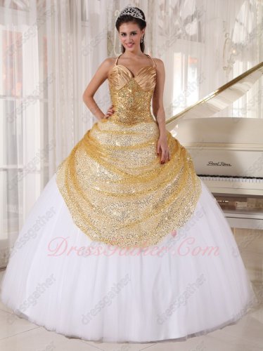 Spaghetti Straps Gold Sequin Bodice Sweet 16 Ball Gown White Flat Tulle Skirt