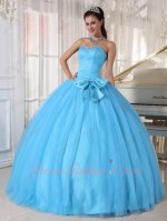 Young Girls Wear Aqua Blue Gauze Flat Quinceanera Ball Gown Waistline With Bowknot