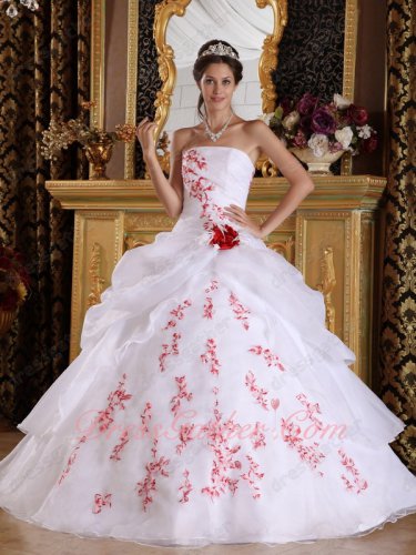 Full Size Customization White Quinceanera Dress With Red Embroidery Details