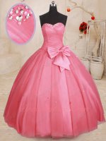 Affordable Simple Quinceanera Ball Gown Rose Pink Tulle With Detachable Bowknot