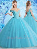 Stage Proscenium Off Shoulder Folds Tulle Ice Blue Vivacious Quinceanera Ball Gown 2022
