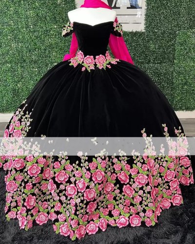 Pretty Sweetheart Hot Pink Rose Flowers Charro Quinceanera Dresses Black