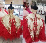 Beautiful Sweetheart Champagne and Red 3D Flowers Charro Quinceanera Dress With Ruffles