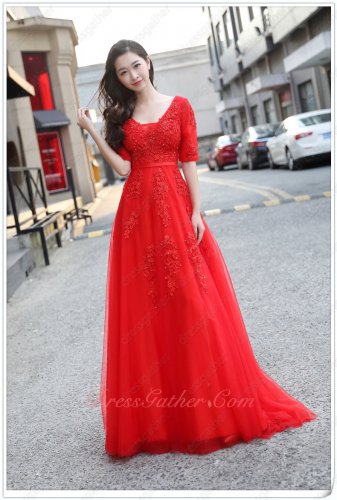 Dreamy V-neck Half Sleeves Appliques Red Customize Dress For Portrait Photo