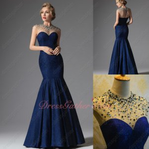 Junoesque See-Through Crystals High Collar Navy Lace Mermaid Wine Party Dress