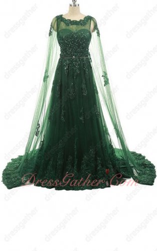 Hunter Green Fully Applique Romantic Prom Dress Cloak From Shoulder To Floor