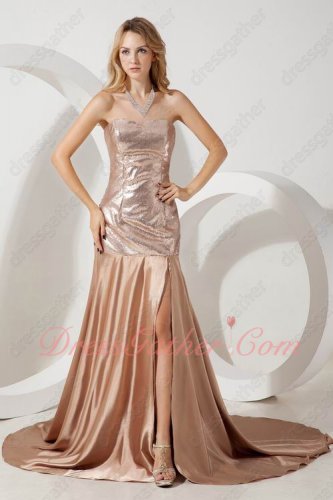 Thigh Slit Dark Rose Gold Mermaid Flattering Lady Evening Dress Up Amiable