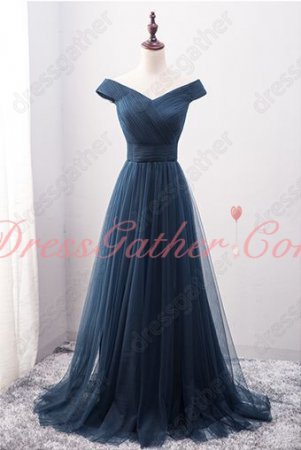 Off Shoulder Tulle Navy Blue Ruching Genteel Celebrity Dress Customize Plus Size