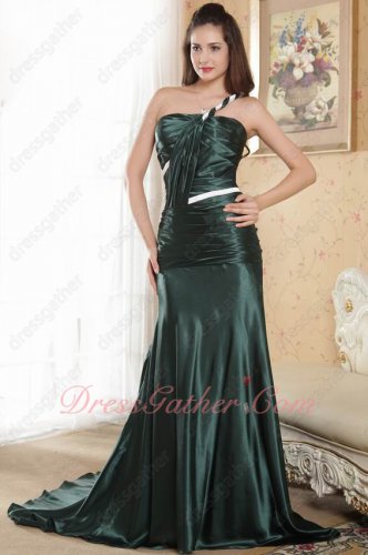 One Shoulder Dark Green Mermaid Glossy Silk-Like Satin Female Prom Dress Evening