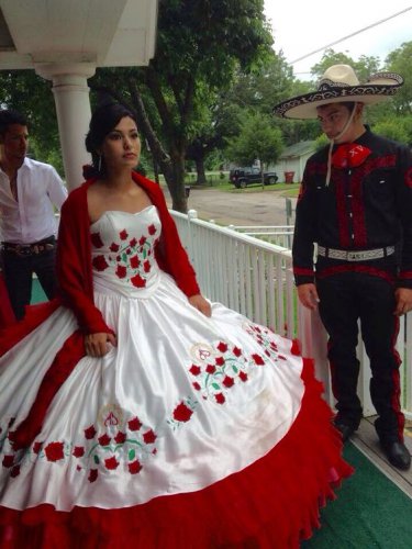 Embroidery Equestrian Charro Quinceanera Dress White and Red Layered Ruffles