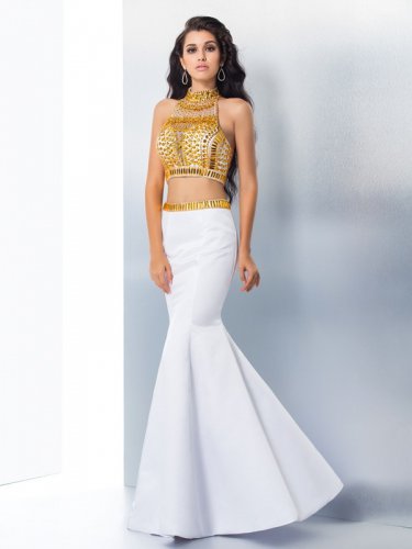 High Neck Bodice Two Pieces Trumpet Skirt White With Gold Crystals Prom Gowns Mum