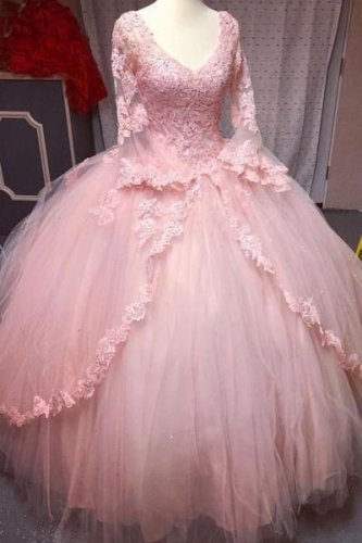 Cute V Neckline Flared Long Sleeves Blush Pink Quinceanera Girl Ball Gown