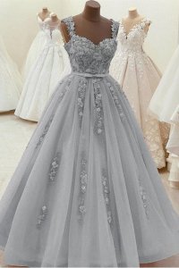 2023 New Floral Straps Applique Deep Silver Gray Formal Prom Gowns Women