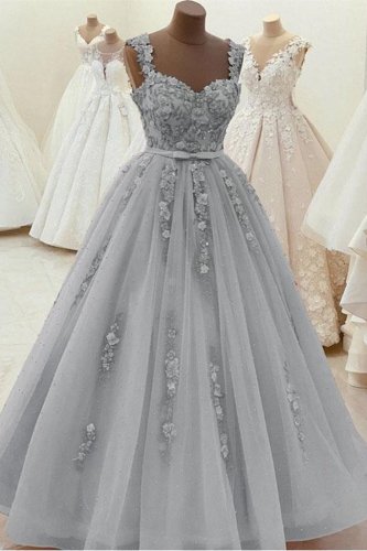 2021 New Floral Straps Applique Deep Silver Gray Formal Prom Gowns Women