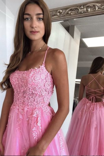 New Arrivals Spaghetti Strap Cross Tied Back Prom Gown Rose Pink