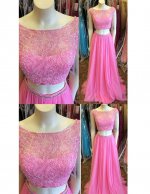 Sexy Scoop Applique Floor Length Rose Pink 2 Pieces Dancing Party Dress Evening Gown