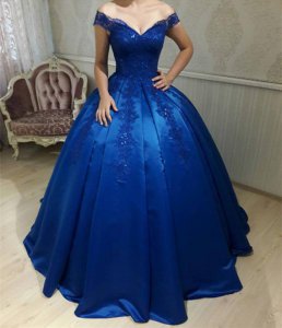 Cheap Off Shoulder Little Puffy Royal Blue Quinceanera Dress Debutante Ball Gown