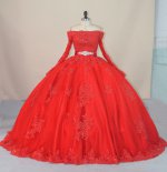 Off Shoulder Long Sleeves Crystal Waistlin Red Quinceanera Dresses