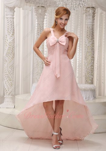 Pearl Pink Shirred Bodice Bowknot Decorate High-lowHomecoming Dress Under 90 Dollar