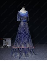 Exclusive Scoop Neck Shiny Stripe Lace Dark Royal Blue Evening Gowns Runway Pageant