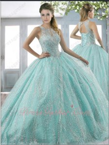 Vivacious Sparkling Wave Stripes Lace Ice Blue Quinceanera Gowns Vestido de