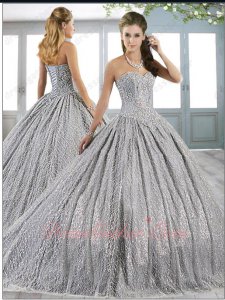 Beaded Sweetheart Bodice Sparkling Wave Lace Silver Quinceanera Ball Gown Little Train
